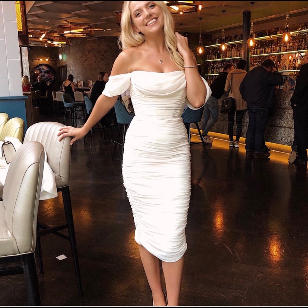 New!! White Mesh Off Shoulder Ruched Dress SzM